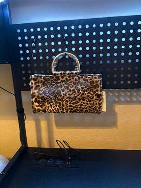 d'margeaux New York Leopard Print Clutch Bag with Gold Ring Handle